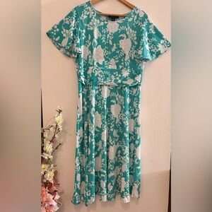 PERCEPTIONS NEW YORK FLORAL High Low Dress in Teal and White SiZE  XL